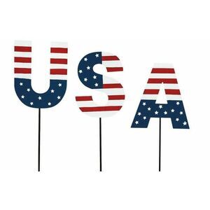 Patriotic USA Garden Yard Stakes Metal Weatherproof Red White Blue 3pc Gift NEW